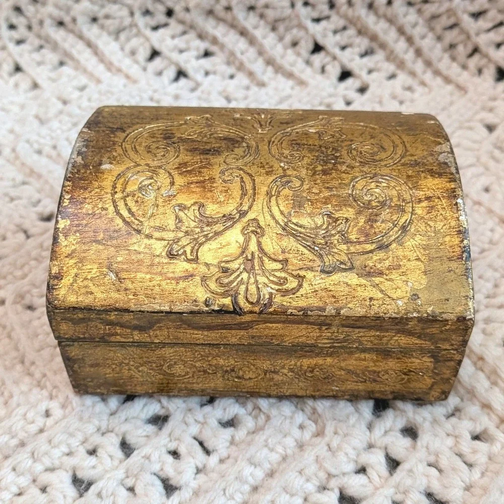 Vintage Florentine Wood Jewelry Box Gold Gilt Domed Trinket Chest Made in Italy